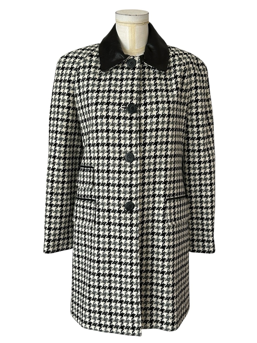 Neiman Marcus Women's Houndstooth Wool Blend Coat Leather Collar Black White  4